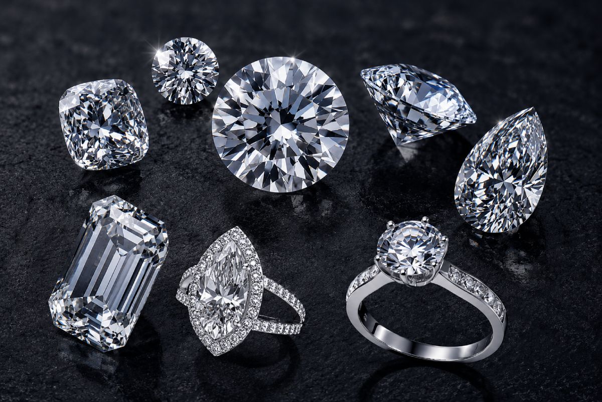Diamants de laboratoire certifiés IGI présentés dans plusieurs formes de taille, dont rond brillant, poire, coussin et émeraude – Laveran Paris